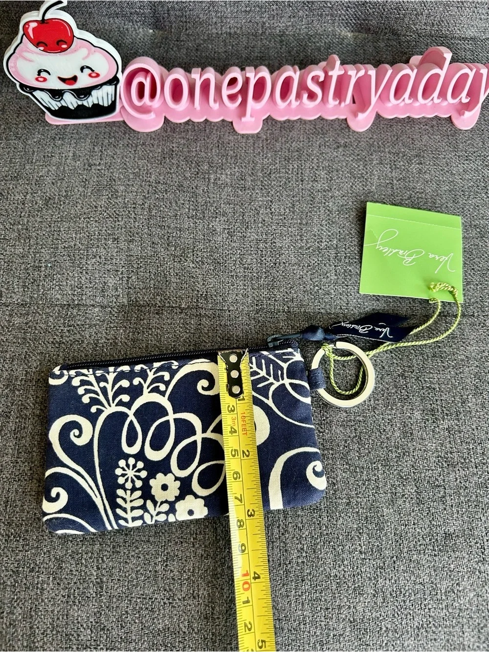 Vera Bradley Zip ID Case, Pouch, Key Ring, Twirly Birds (Retired) Navy, White